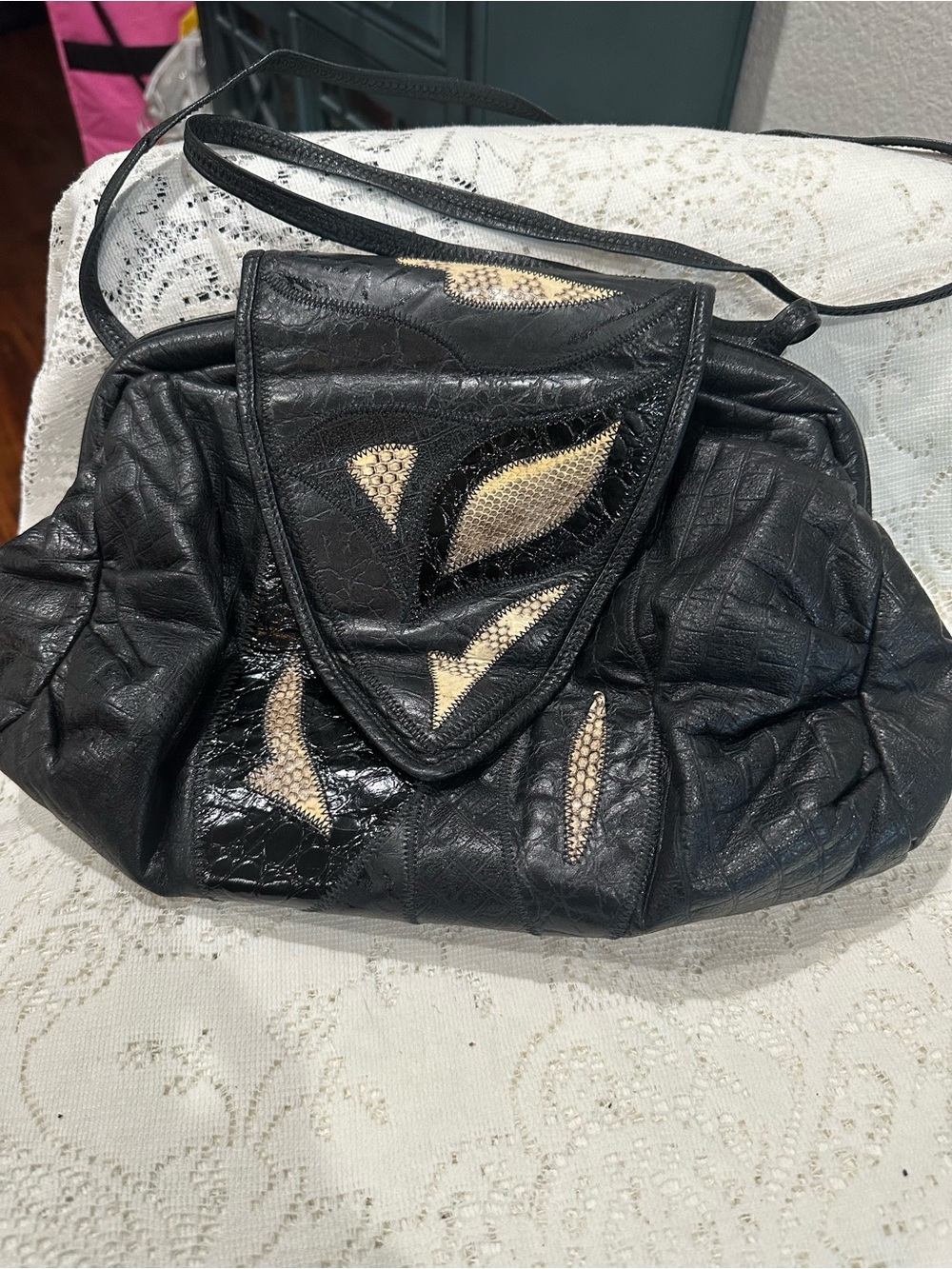 Vintage Black Leather shoulder  Bag with Cream Inset Accents old money